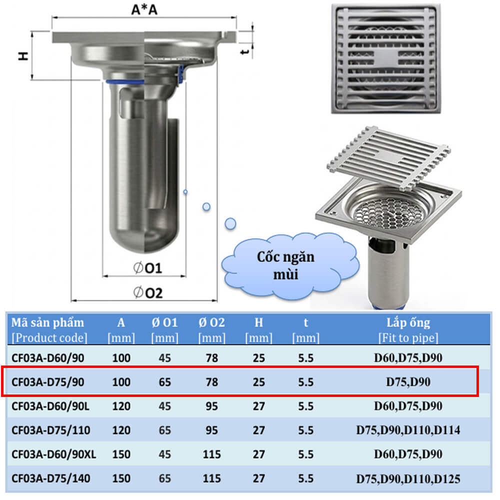 Nắp ngăn mùi thoát sàn CF03A-D75/90