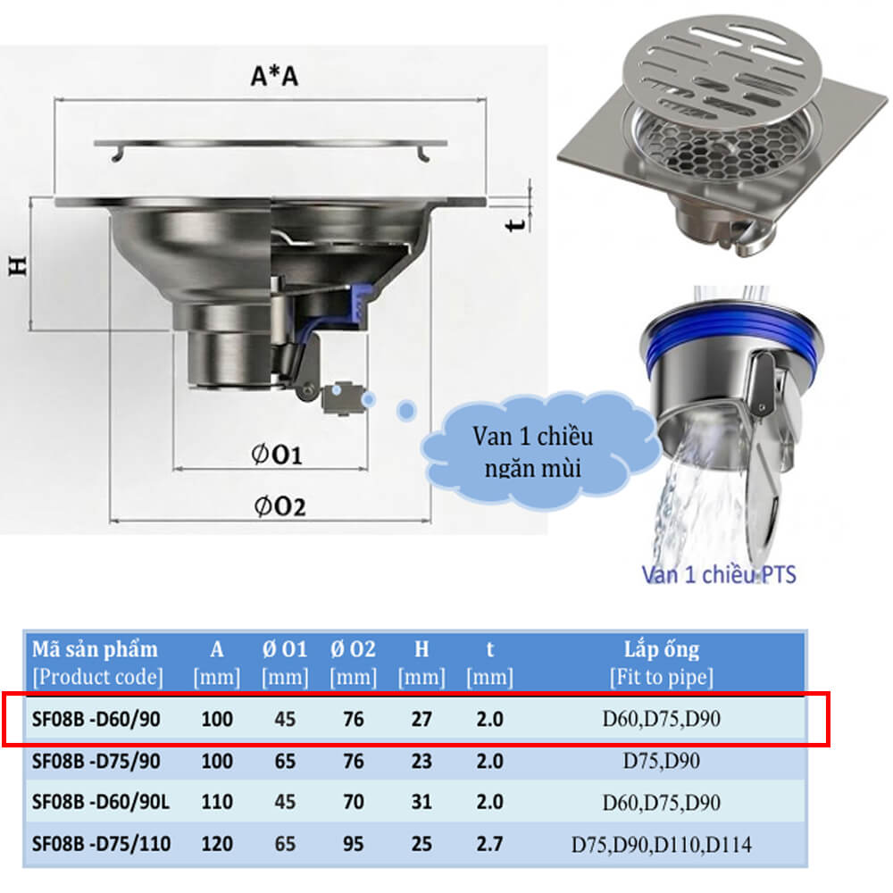 Phễu thoát sàn 1 chiều ngăn mùi SF08B-D60/90