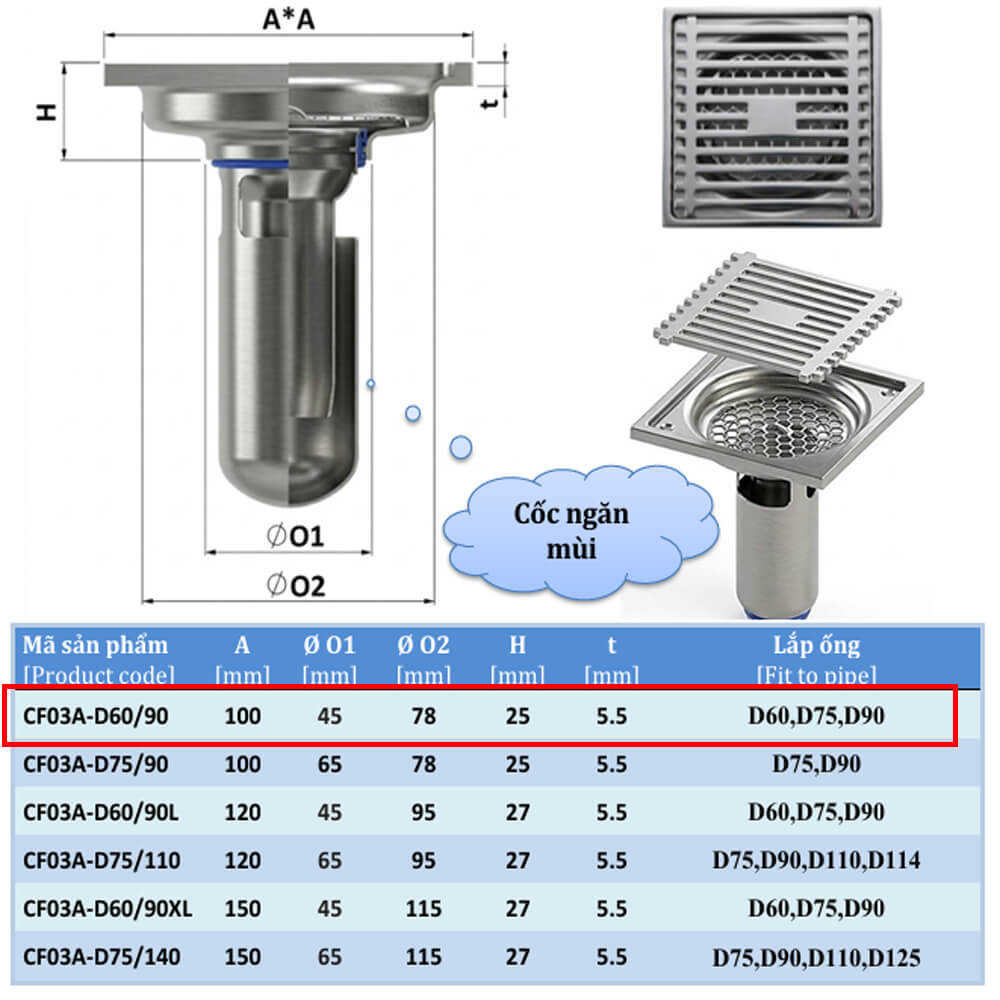 Thoát sàn ngăn mùi cao cấp CF03A-D60/90